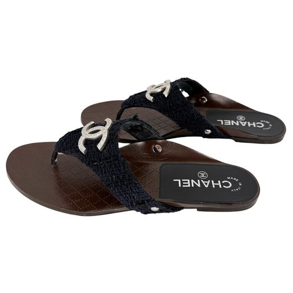 CHANEL Interlocking CC Logo Quilted Thong Sandals EU 39 US 8.5-9 Navy Blue Flats - Picture 4 of 15
